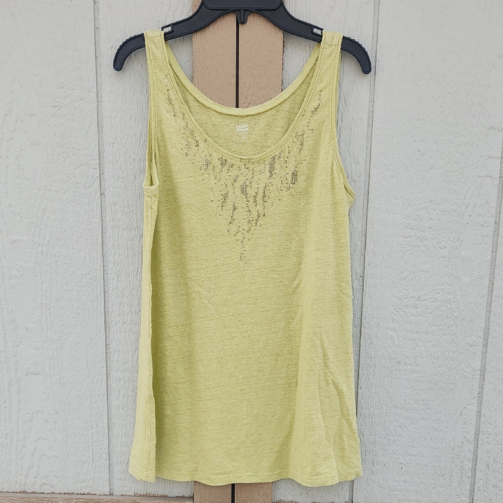 Eileen Fisher Linen Beaded Embellished Coastal Rich Mom Tank Top XSmall Yellow